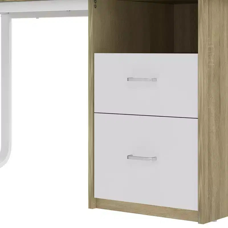 Modern White and Oak Office Desk with Storage Cabinet and Shelves, Gaming Computer Table with LED Light and Charging Station