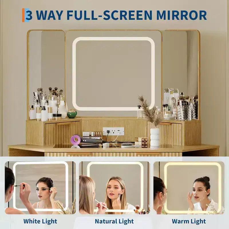 Corner Makeup Vanity Desk with HD Triple Mirror, Clear Glass Top & Fluted Panels