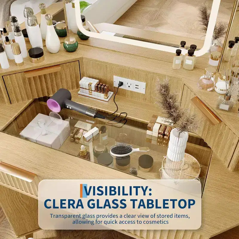 Corner Makeup Vanity Desk with HD Triple Mirror, Clear Glass Top & Fluted Panels
