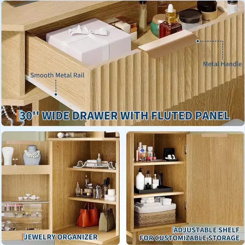 Corner Makeup Vanity Desk with HD Triple Mirror, Clear Glass Top & Fluted Panels