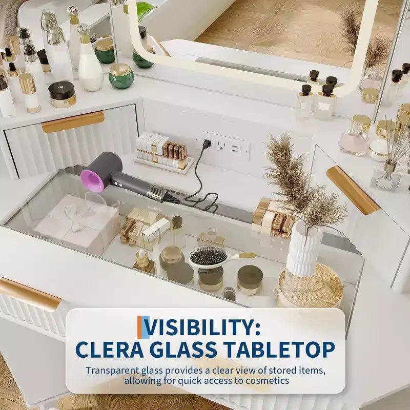 Corner Makeup Vanity Desk with HD Triple Mirror, Clear Glass Top & Fluted Panels