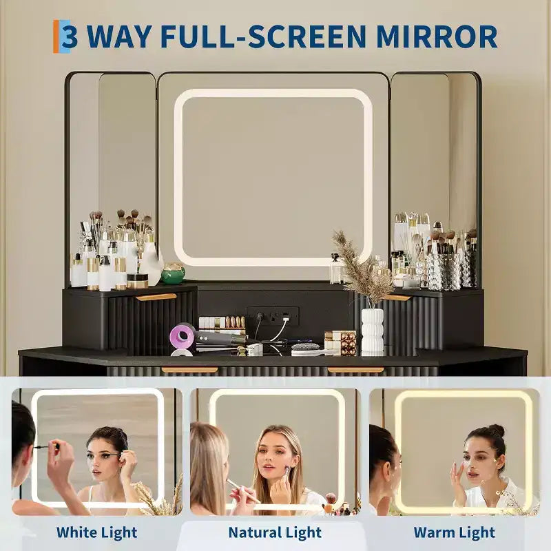 Corner Makeup Vanity Desk with HD Triple Mirror, Clear Glass Top & Fluted Panels