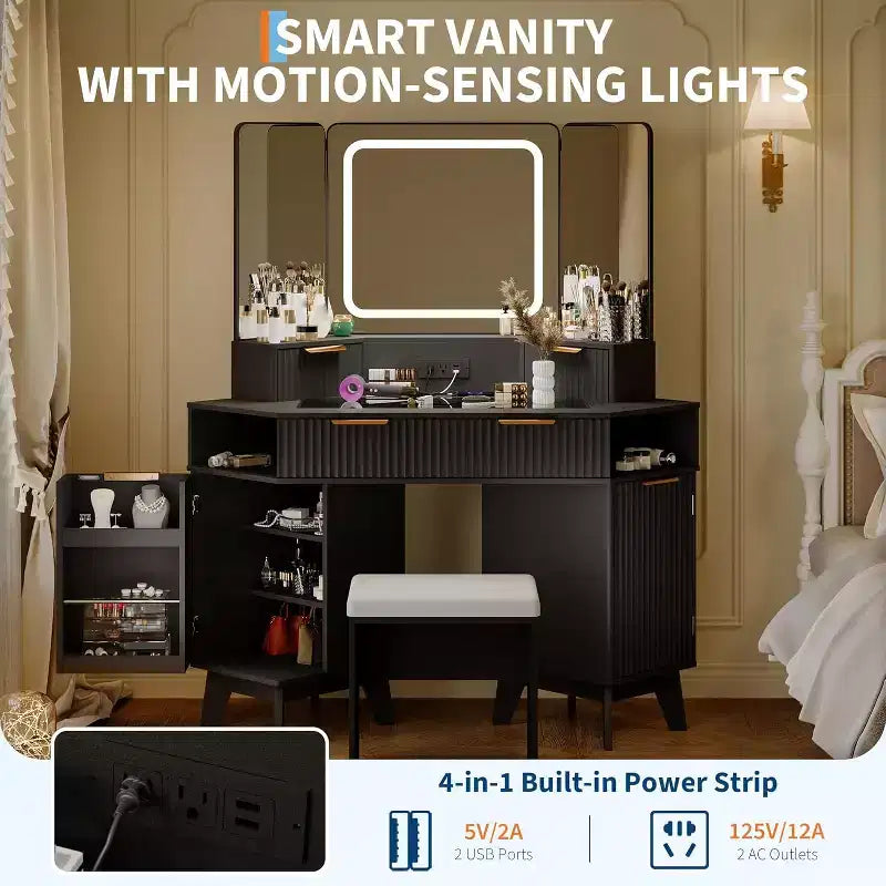 Corner Makeup Vanity Desk with HD Triple Mirror, Clear Glass Top & Fluted Panels