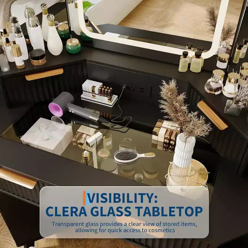 Corner Makeup Vanity Desk with HD Triple Mirror, Clear Glass Top & Fluted Panels