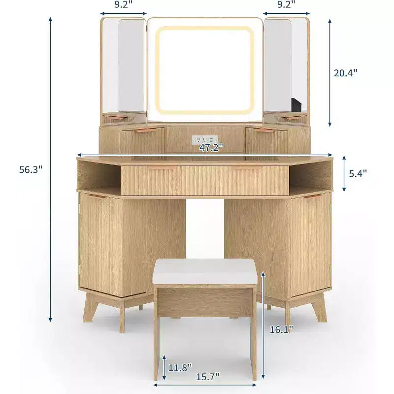 Corner Makeup Vanity Desk with HD Triple Mirror, Clear Glass Top & Fluted Panels