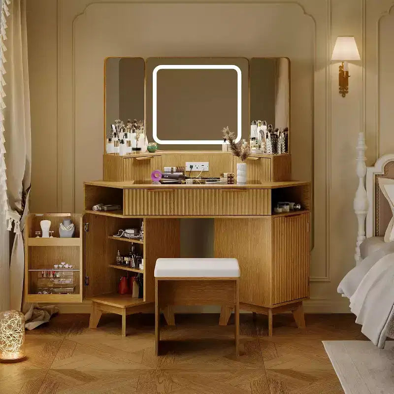 Corner Makeup Vanity Desk with HD Triple Mirror, Clear Glass Top & Fluted Panels