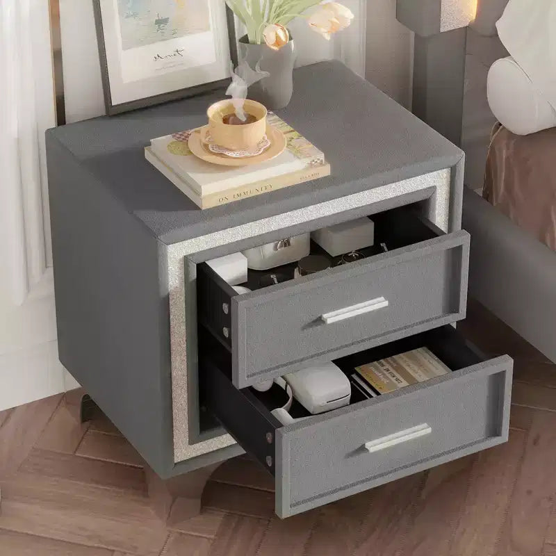 Mid-Century Vintage Nightstand with Silver Glitter Strip Decor, Metal Legs & 2 Drawers, Gray
