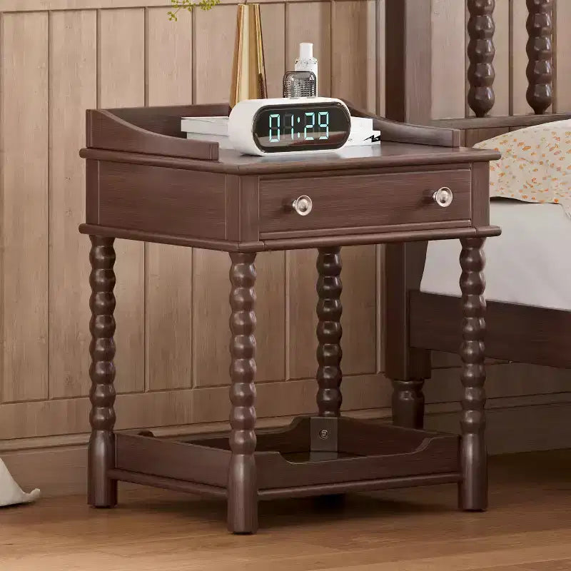Retro Style Nightstand with Drawer, Open Shelf, Turned Legs & Metal Handle, Walnut