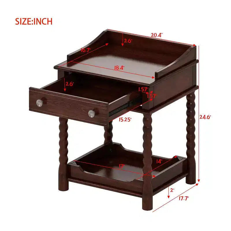 Retro Style Nightstand with Drawer, Open Shelf, Turned Legs & Metal Handle, Walnut