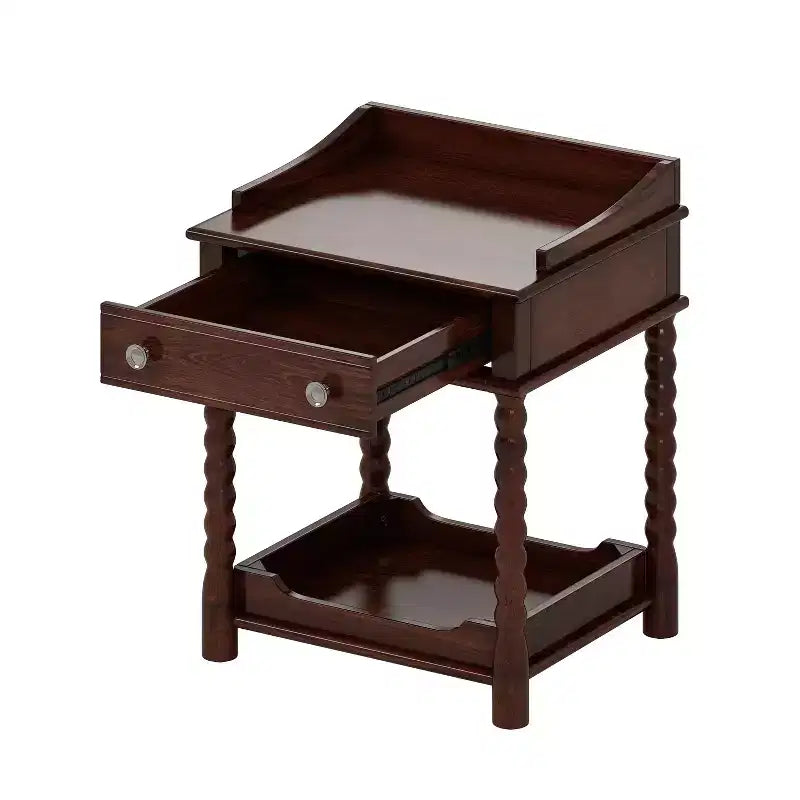 Retro Style Nightstand with Drawer, Open Shelf, Turned Legs & Metal Handle, Walnut