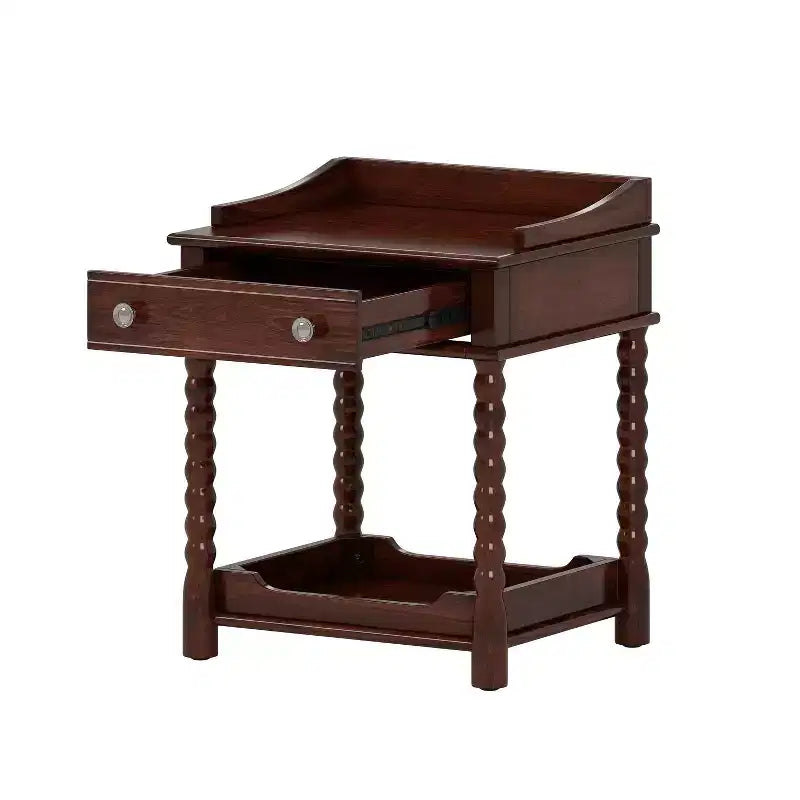Retro Style Nightstand with Drawer, Open Shelf, Turned Legs & Metal Handle, Walnut
