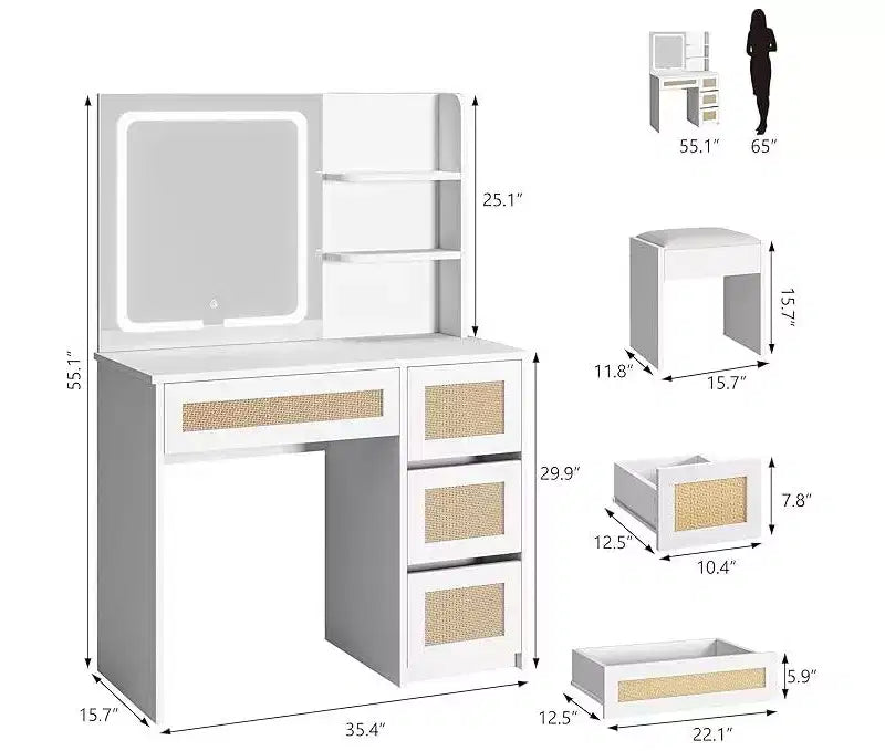 Makeup Vanity Desk with Mirror and Adjustable LED Light, 4 Drawers and 2 Open Shelves, White