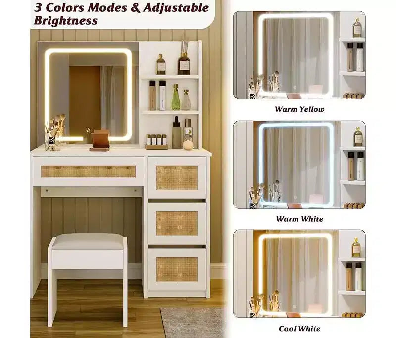Makeup Vanity Desk with Mirror and Adjustable LED Light, 4 Drawers and 2 Open Shelves, White