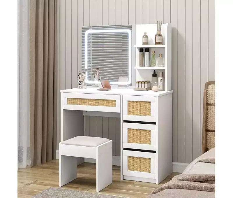 Makeup Vanity Desk with Mirror and Adjustable LED Light, 4 Drawers and 2 Open Shelves, White