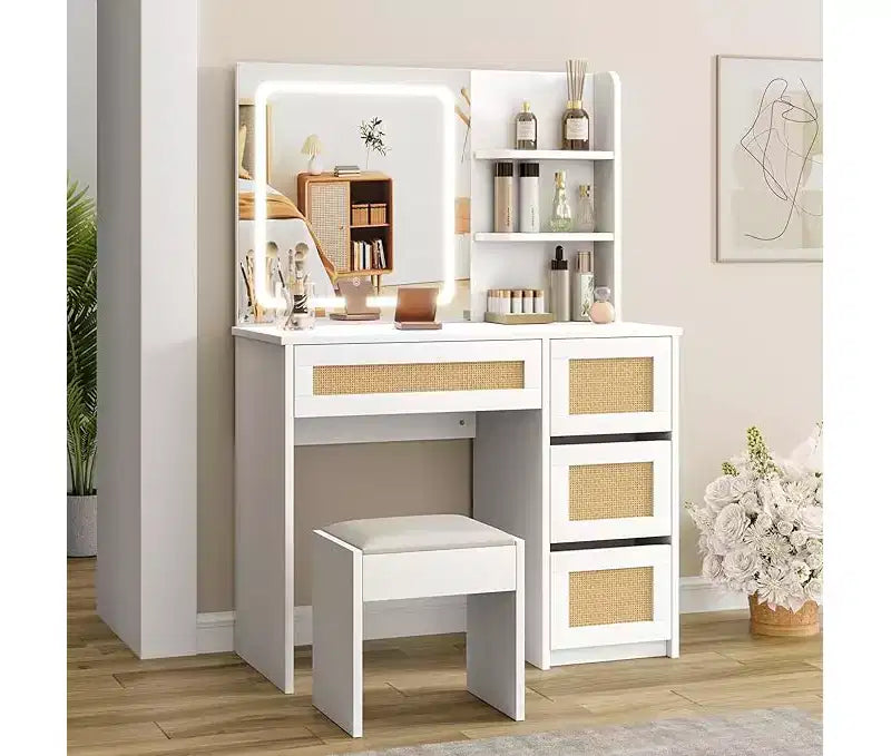 Makeup Vanity Desk with Mirror and Adjustable LED Light, 4 Drawers and 2 Open Shelves, White