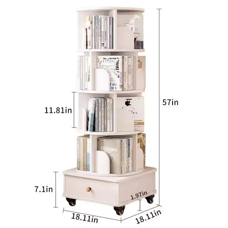 360 Rotating Bookshelf with Storage, Floor-Standing 4-Tier Corner Shelf for Small Spaces, Mobile Bookcase with Wheels for Home Office-Panipeachy