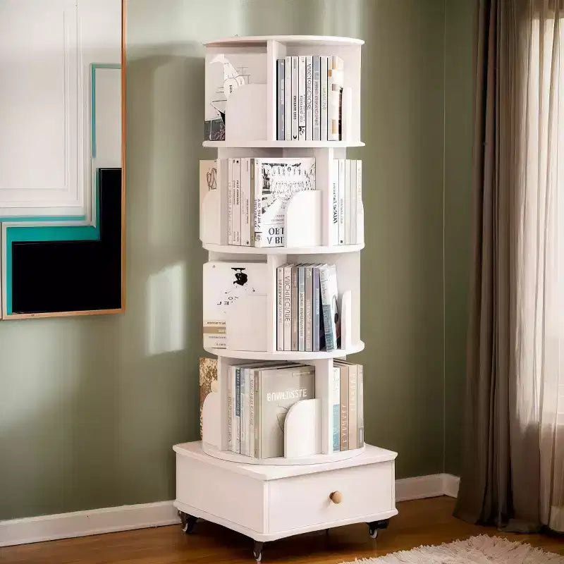 360 Rotating Bookshelf with Storage, Floor-Standing 4-Tier Corner Shelf for Small Spaces, Mobile Bookcase with Wheels for Home Office-Panipeachy