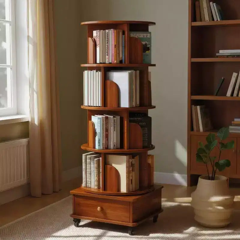 360 Rotating Bookshelf with Storage, Floor-Standing 4-Tier Corner Shelf for Small Spaces, Mobile Bookcase with Wheels for Home Office-Panipeachy