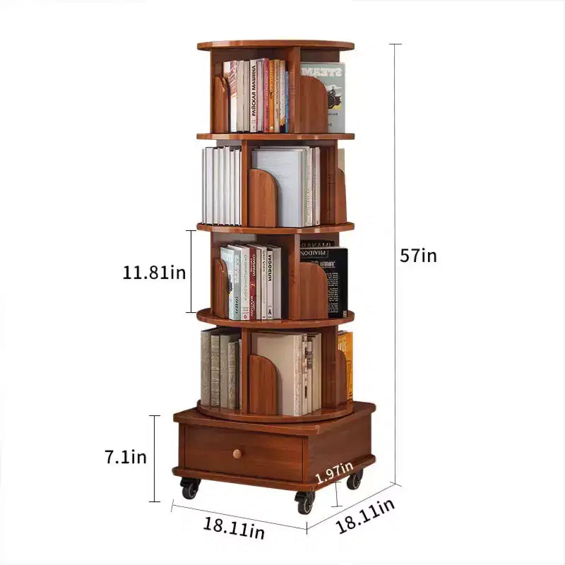 360 Rotating Bookshelf with Storage, Floor-Standing 4-Tier Corner Shelf for Small Spaces, Mobile Bookcase with Wheels for Home Office-Panipeachy