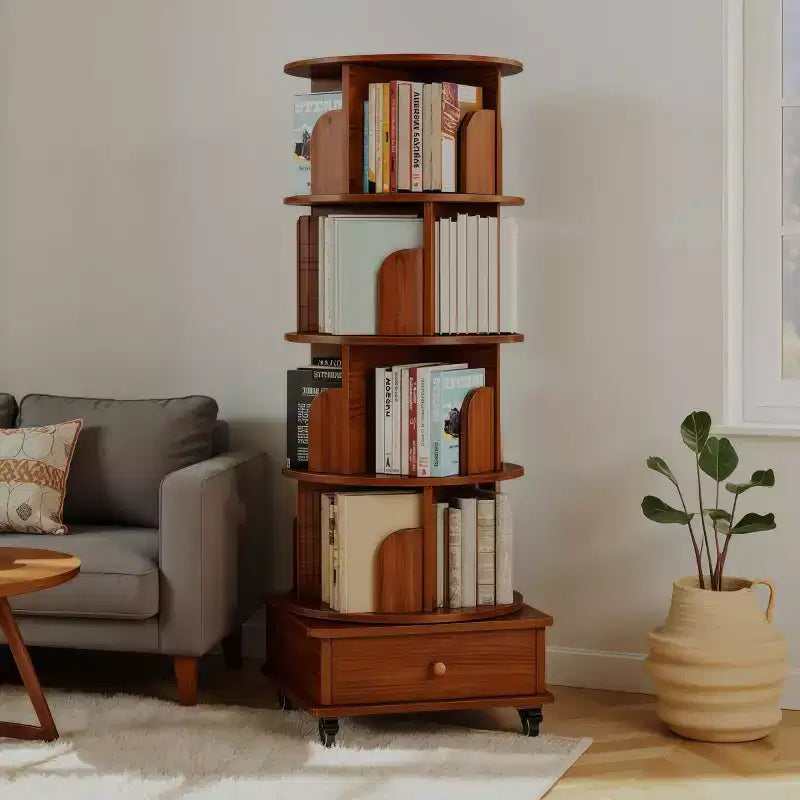 360 Rotating Bookshelf with Storage, Floor-Standing 4-Tier Corner Shelf for Small Spaces, Mobile Bookcase with Wheels for Home Office-Panipeachy