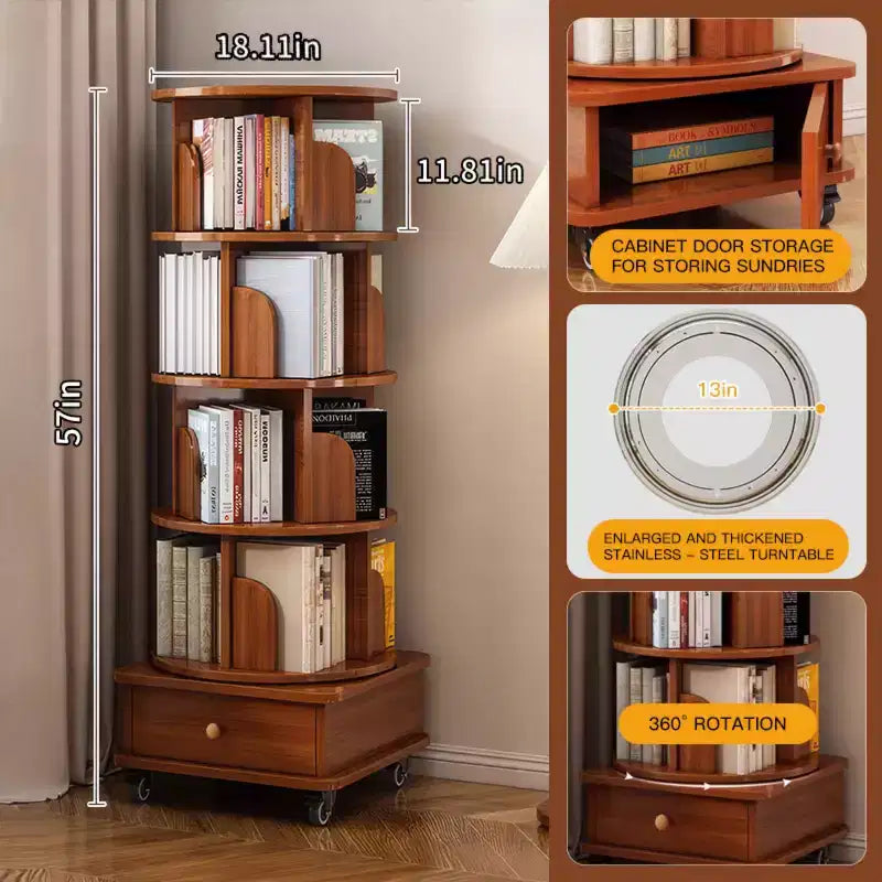 360 Rotating Bookshelf with Storage, Floor-Standing 4-Tier Corner Shelf for Small Spaces, Mobile Bookcase with Wheels for Home Office-Panipeachy