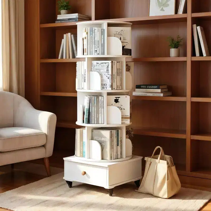 360 Rotating Bookshelf with Storage, Floor-Standing 4-Tier Corner Shelf for Small Spaces, Mobile Bookcase with Wheels for Home Office-Panipeachy