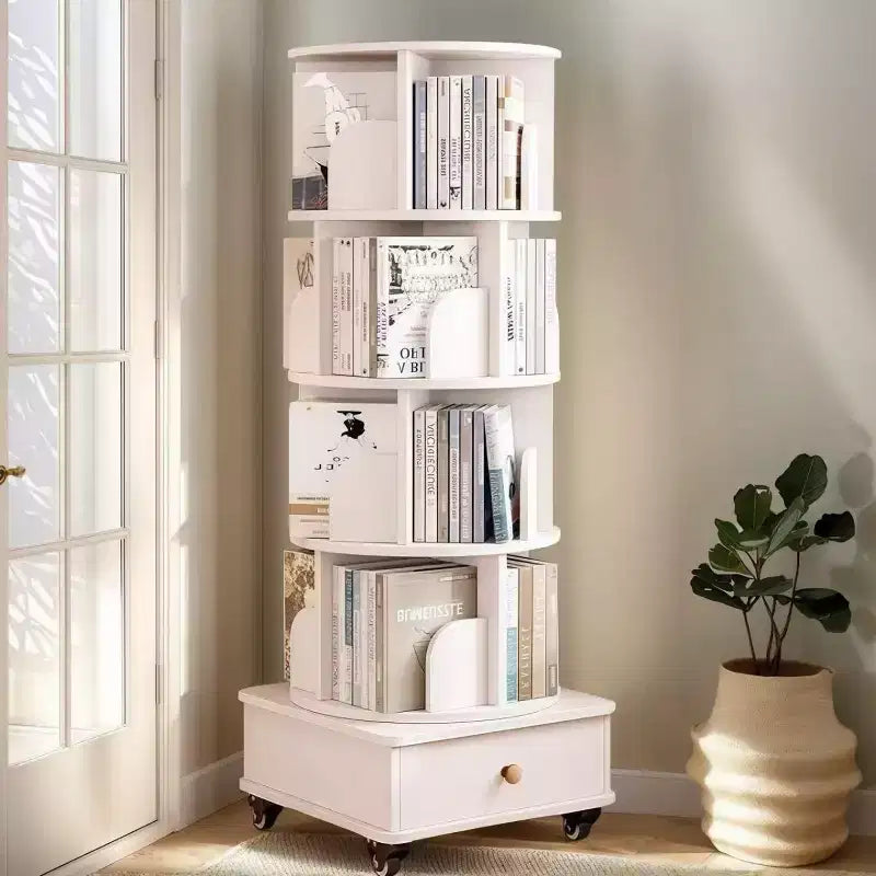 360 Rotating Bookshelf with Storage, Floor-Standing 4-Tier Corner Shelf for Small Spaces, Mobile Bookcase with Wheels for Home Office-Panipeachy