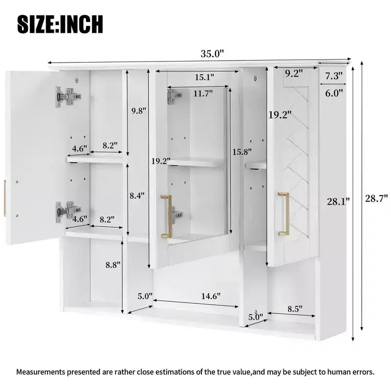 35" Wall Mounted Medicine Cabinet with High-Definition Mirror, 8 Shelves and 3 Doors