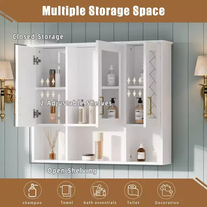 35" Wall Mounted Medicine Cabinet with High-Definition Mirror, 8 Shelves and 3 Doors