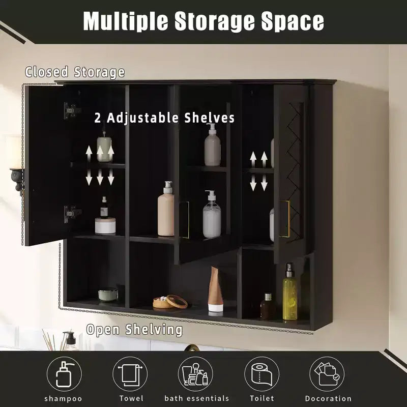 35" Wall Mounted Medicine Cabinet with High-Definition Mirror, 8 Shelves and 3 Doors