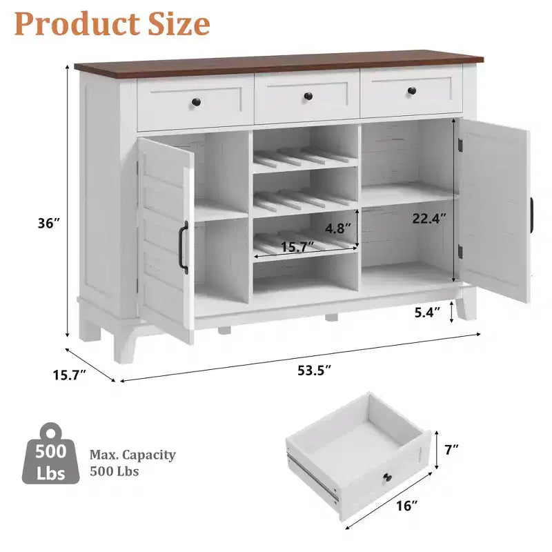 53.5 Rustic Wine Bar Cabinet  Buffet with Sliding Door, 3 Drawers, Adjustable Shelf & Removable Wine Rack for Dining Room