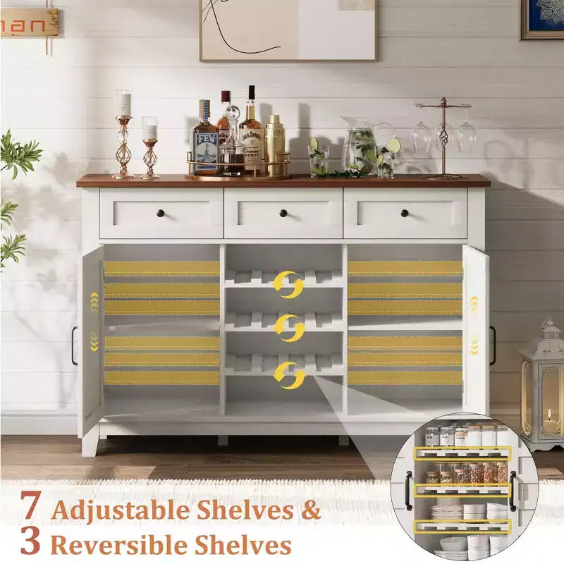 53.5 Rustic Wine Bar Cabinet  Buffet with Sliding Door, 3 Drawers, Adjustable Shelf & Removable Wine Rack for Dining Room