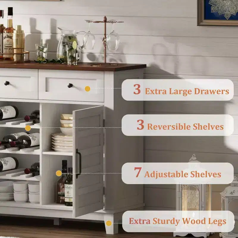 53.5 Rustic Wine Bar Cabinet  Buffet with Sliding Door, 3 Drawers, Adjustable Shelf & Removable Wine Rack for Dining Room