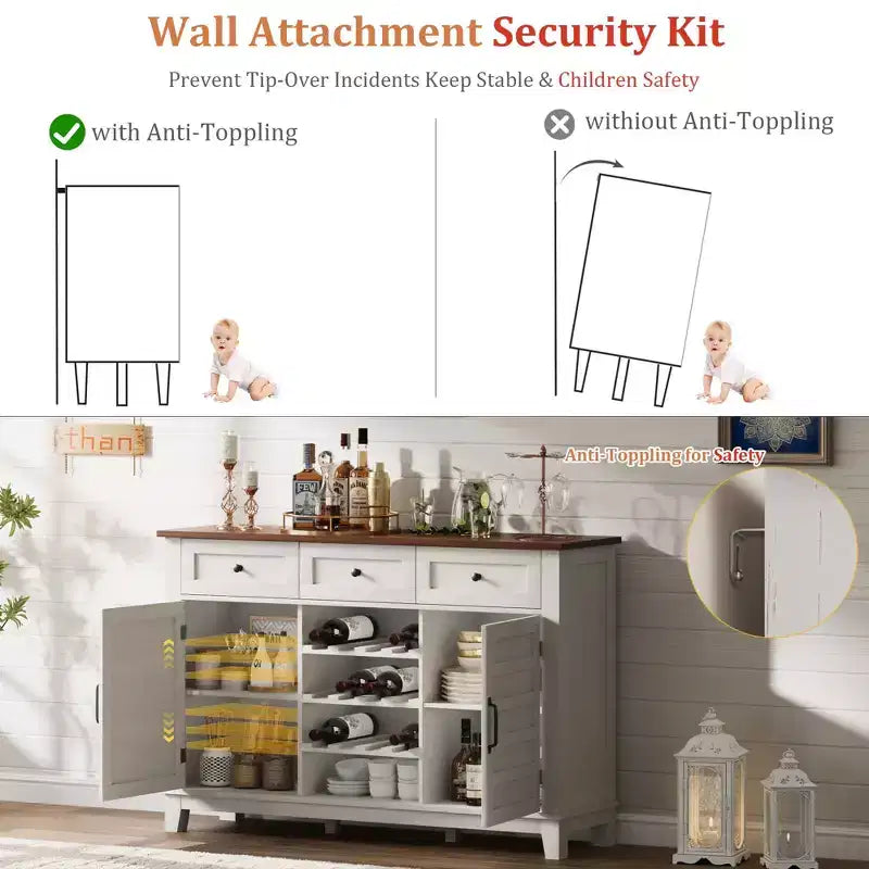 53.5 Rustic Wine Bar Cabinet  Buffet with Sliding Door, 3 Drawers, Adjustable Shelf & Removable Wine Rack for Dining Room