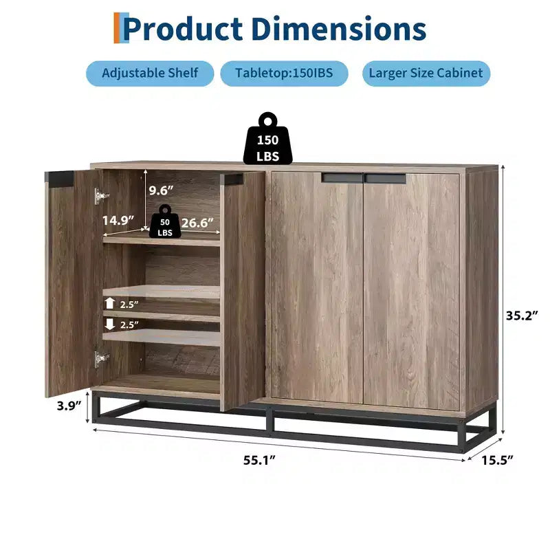 55" Sideboard Buffet Cabinet with Storage, Accent Cabinet with 4 Doors and Adjustable Shelves