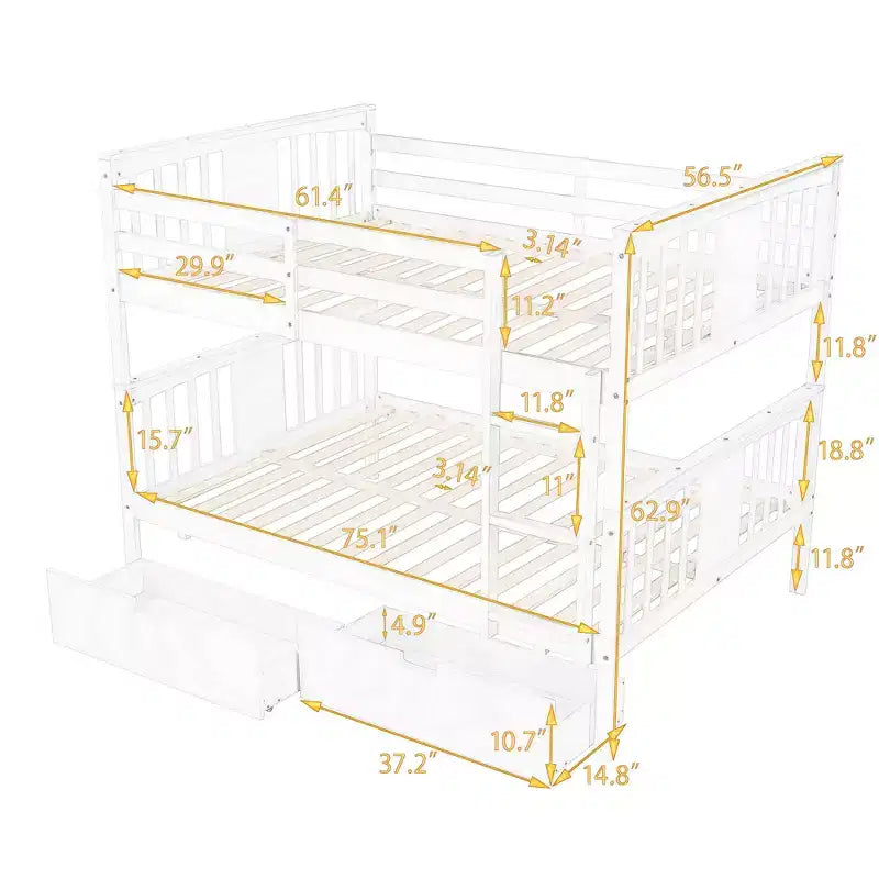 Full Over Full Wood Bunk Bed with 2 Under-Bed Storage Drawers, Sturdy Bed Frame for Bedroom, Gray