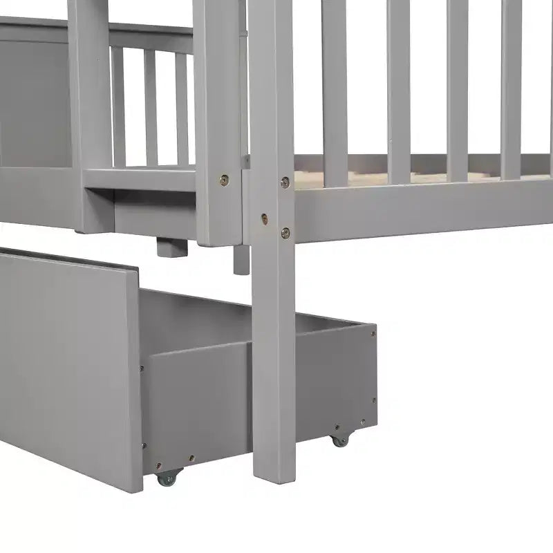 Full Over Full Wood Bunk Bed with 2 Under-Bed Storage Drawers, Sturdy Bed Frame for Bedroom, Gray