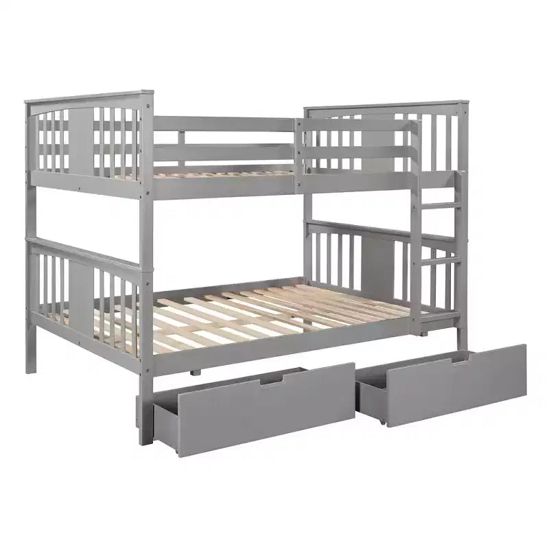 Full Over Full Wood Bunk Bed with 2 Under-Bed Storage Drawers, Sturdy Bed Frame for Bedroom, Gray