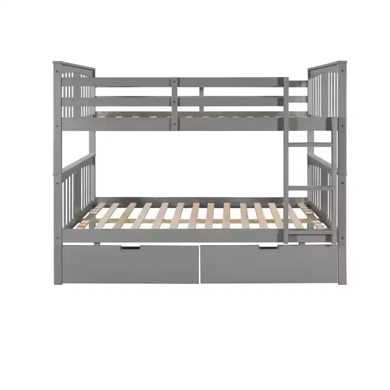 Full Over Full Wood Bunk Bed with 2 Under-Bed Storage Drawers, Sturdy Bed Frame for Bedroom, Gray