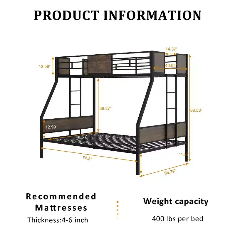 Twin Over Full Bunk Beds with 2 Ladders & Safety Guardrail, Metal Bed Frame with Protective Board Supports, Brown