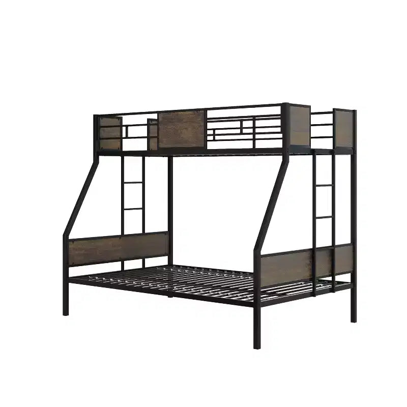 Twin Over Full Bunk Beds with 2 Ladders & Safety Guardrail, Metal Bed Frame with Protective Board Supports, Brown