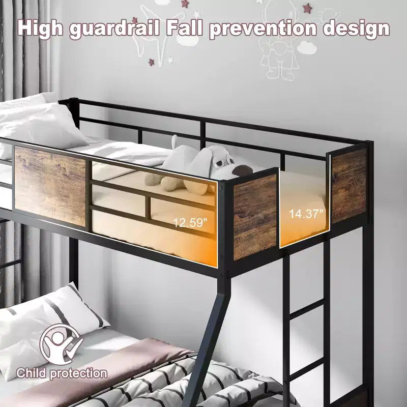 Twin Over Full Bunk Beds with 2 Ladders & Safety Guardrail, Metal Bed Frame with Protective Board Supports, Brown