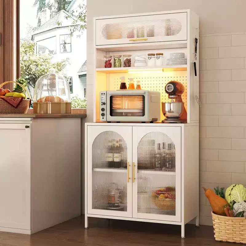 LED-Lit 66" Metal Kitchen Pantry Cabinet, 5-Tier Food Storage with Adjustable Shelves & Hutch Rack