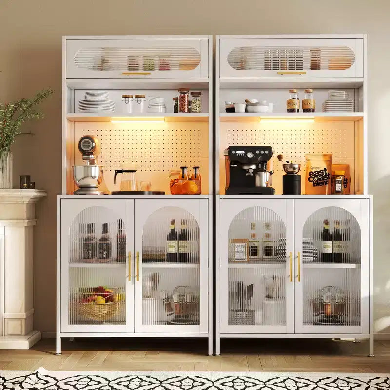 LED-Lit 66" Metal Kitchen Pantry Cabinet, 5-Tier Food Storage with Adjustable Shelves & Hutch Rack