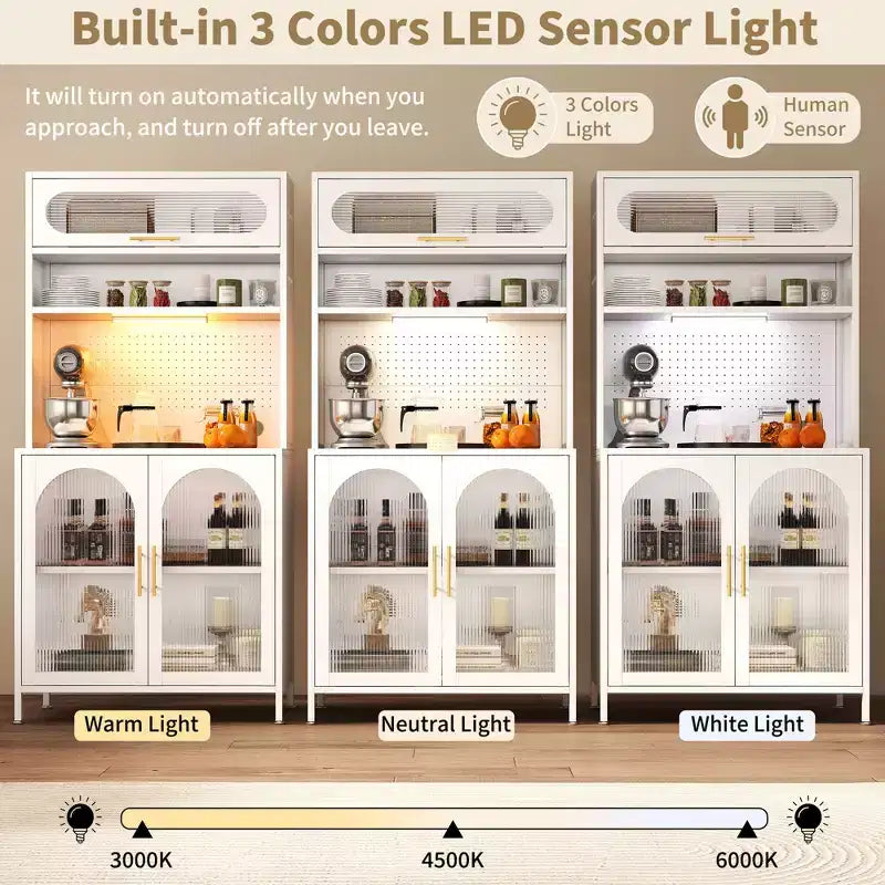 LED-Lit 66" Metal Kitchen Pantry Cabinet, 5-Tier Food Storage with Adjustable Shelves & Hutch Rack