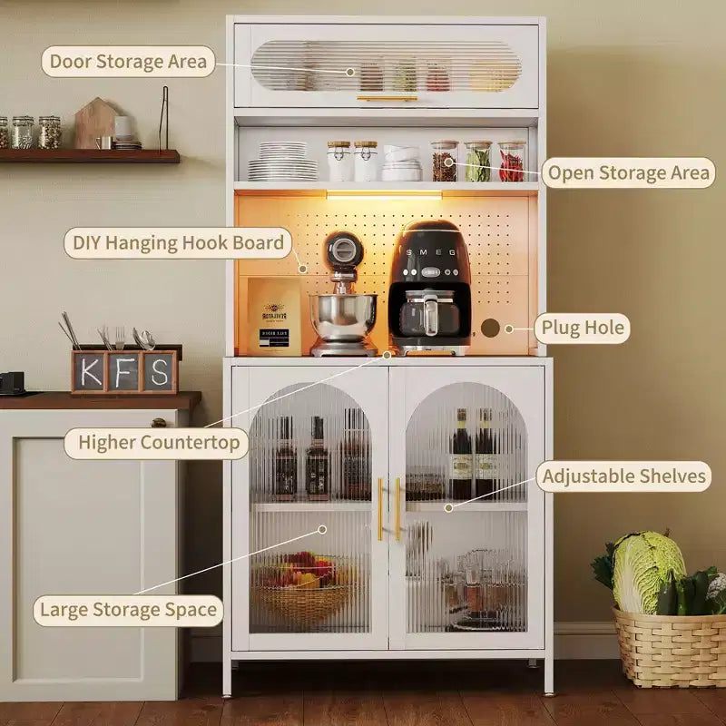 LED-Lit 66" Metal Kitchen Pantry Cabinet, 5-Tier Food Storage with Adjustable Shelves & Hutch Rack