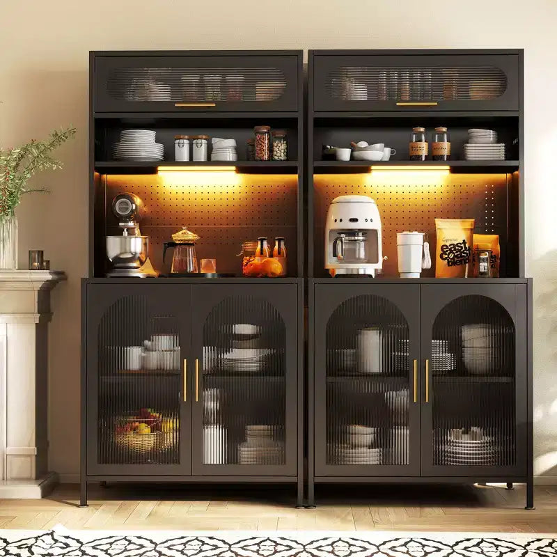 LED-Lit 66" Metal Kitchen Pantry Cabinet, 5-Tier Food Storage with Adjustable Shelves & Hutch Rack