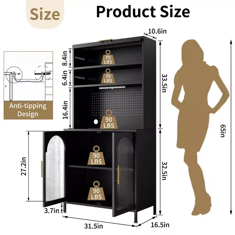 LED-Lit 66" Metal Kitchen Pantry Cabinet, 5-Tier Food Storage with Adjustable Shelves & Hutch Rack