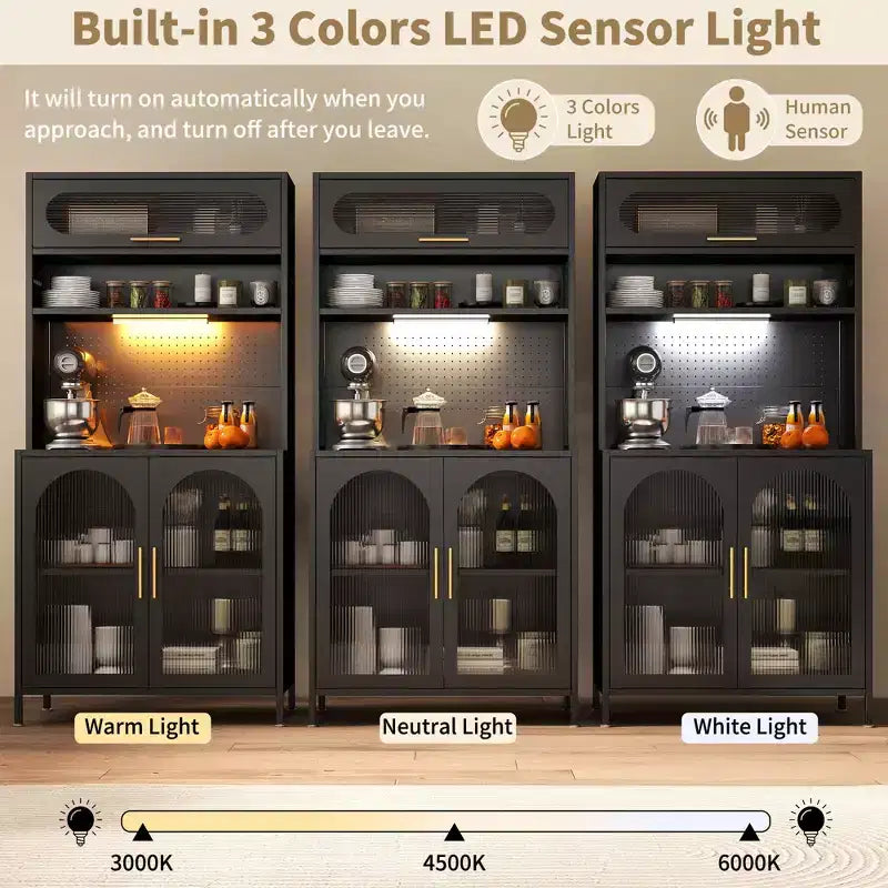 LED-Lit 66" Metal Kitchen Pantry Cabinet, 5-Tier Food Storage with Adjustable Shelves & Hutch Rack