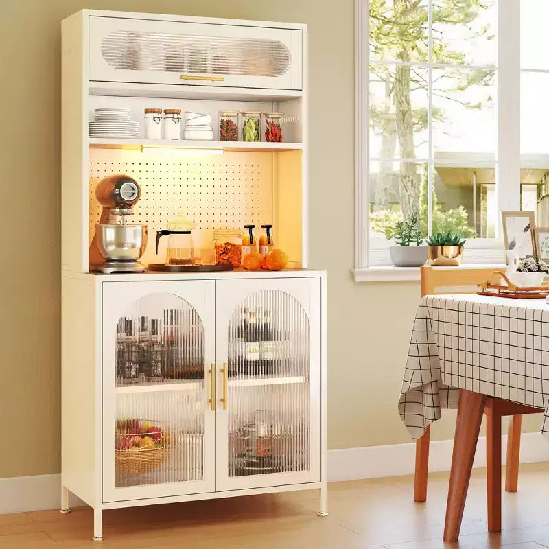 LED-Lit 66" Metal Kitchen Pantry Cabinet, 5-Tier Food Storage with Adjustable Shelves & Hutch Rack